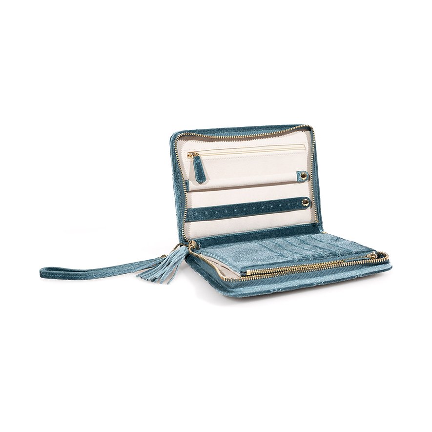 Friedrich23 Schmucketui aus blauem Samt mit Reißverschluss und Quaste.