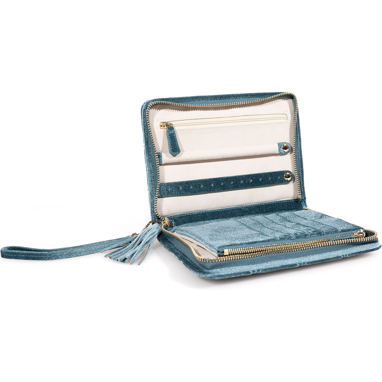 Friedrich23 Schmucketui aus blauem Samt mit Reißverschluss und Quaste.