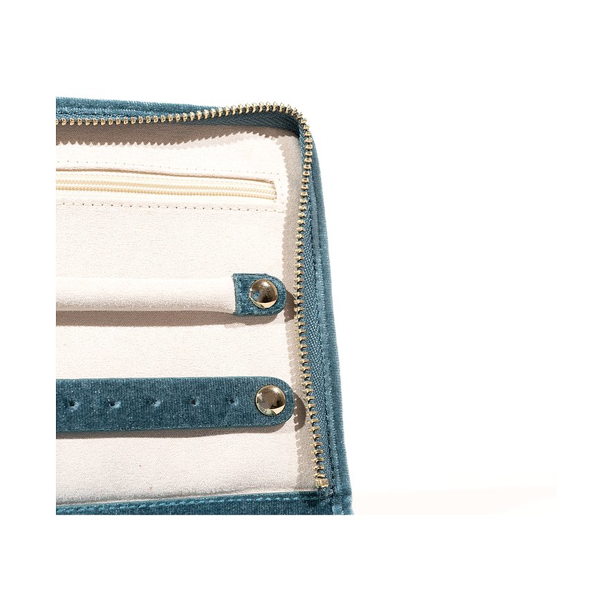 Friedrich23 Schmuckkästchen aus blauem Samt mit Reißverschluss und Druckknöpfen.