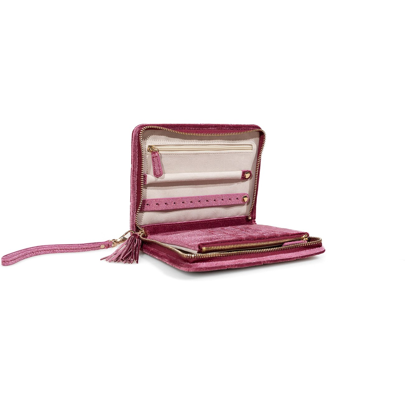 Friedrich23 Schmuckkästchen aus Samt, pink, mit Reißverschluss und Anhänger.