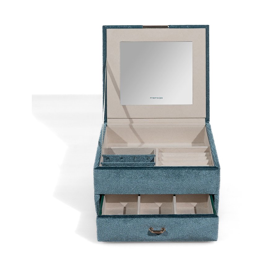 Friedrich23 Schmuckkasten aus Samt, blau, mit Spiegel und mehreren Fächern.