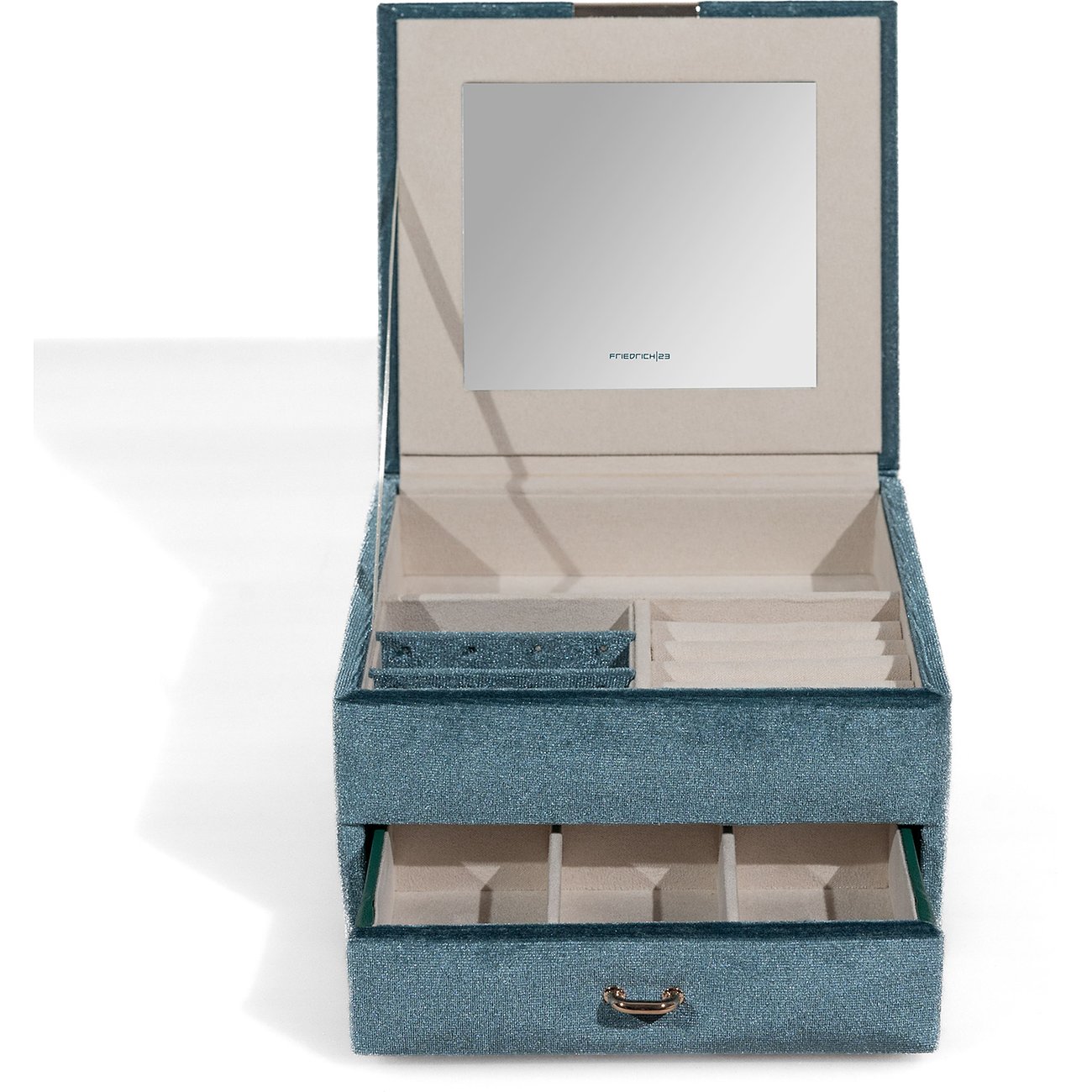 Friedrich23 Schmuckkasten aus Samt, blau, mit Spiegel und mehreren Fächern.