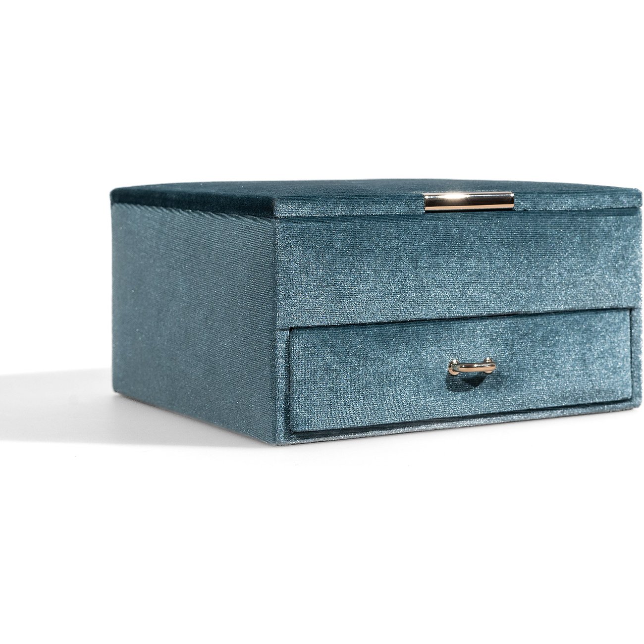 Friedrich23 Schmuckkästchen aus blauem Samt mit goldfarbenem Griff.