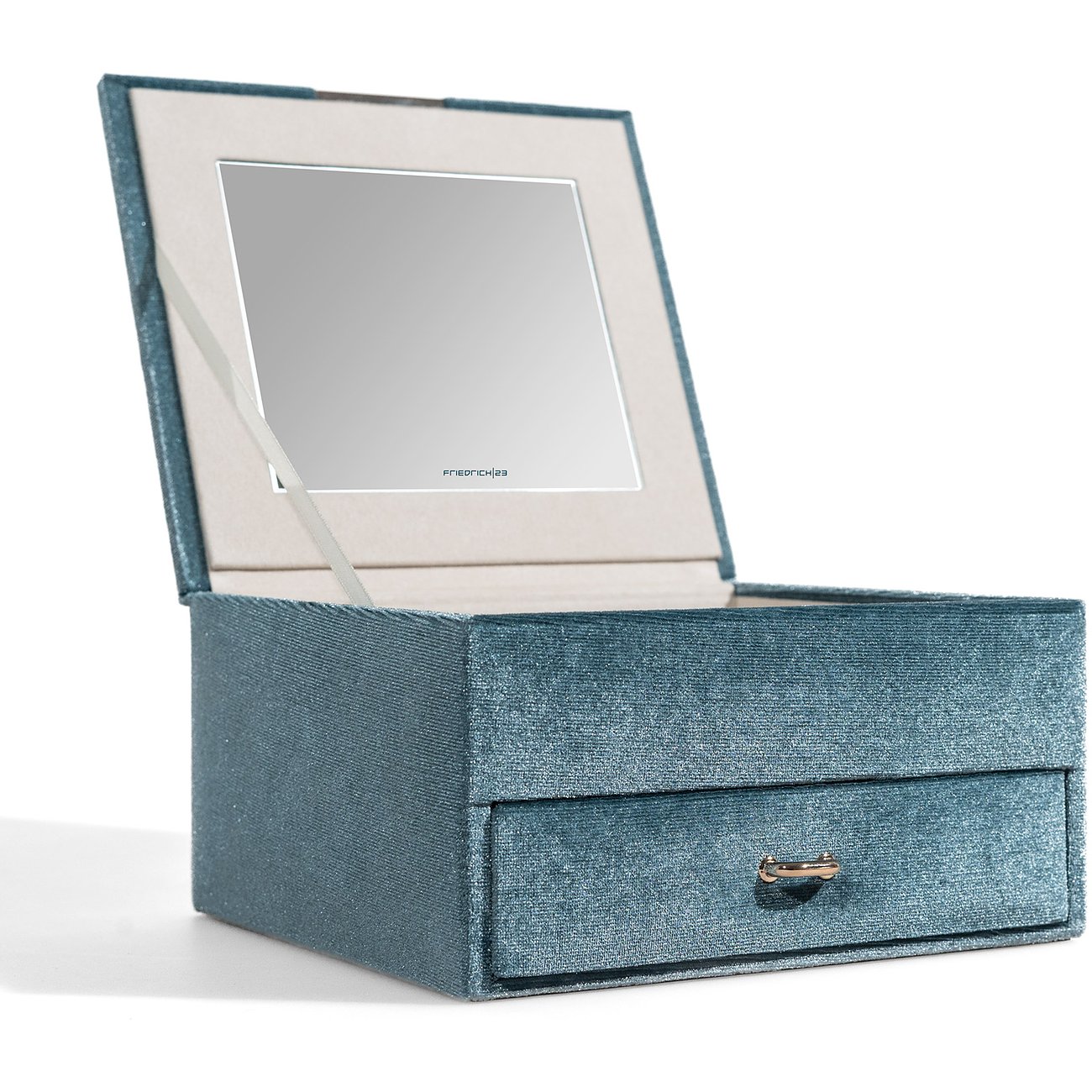 Friedrich23 Schmuckkästchen aus blauem Samt mit Spiegel und Schublade.