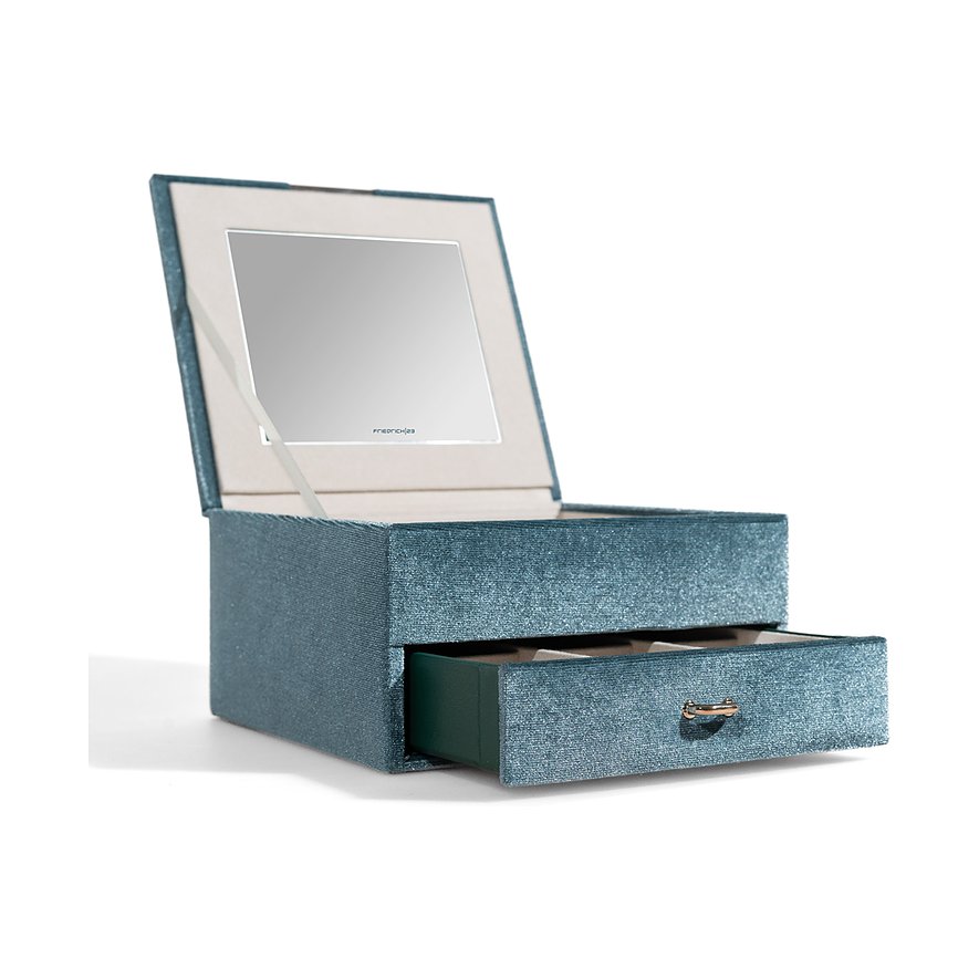 Friedrich23 Schmuckkästchen aus Samt, blau mit Spiegel und Schublade.