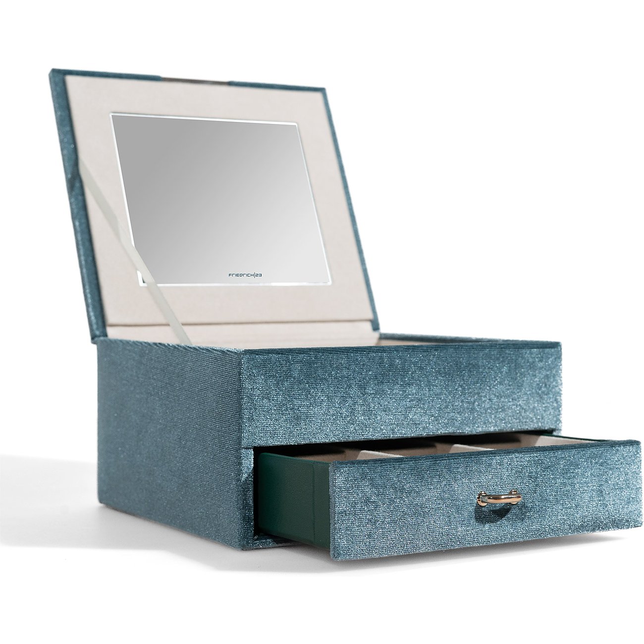 Friedrich23 Schmuckkästchen aus Samt, blau mit Spiegel und Schublade.