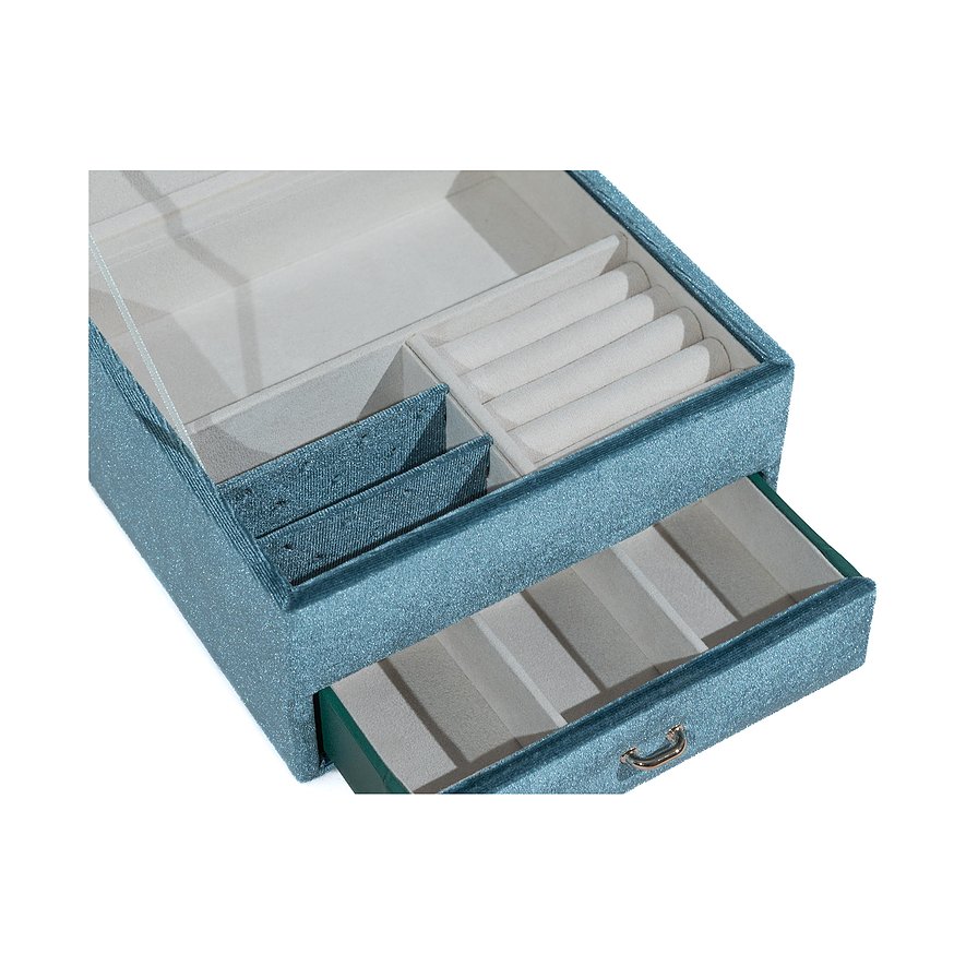 Friedrich23 Schmuckkästchen aus blauem Samt mit mehreren Fächern.