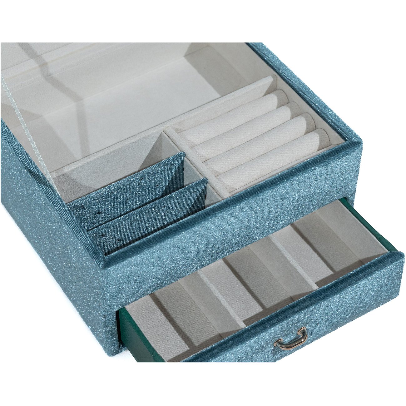 Friedrich23 Schmuckkästchen aus blauem Samt mit mehreren Fächern.