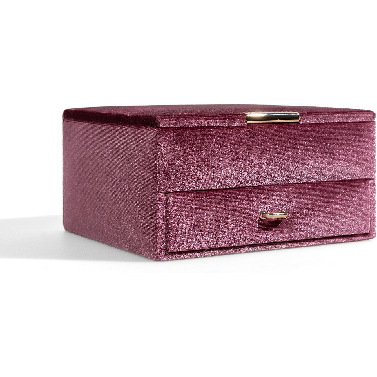 Friedrich23 Schmuckkästchen aus Samt, bordeauxfarben, mit Schublade und goldfarbener Zierleiste.