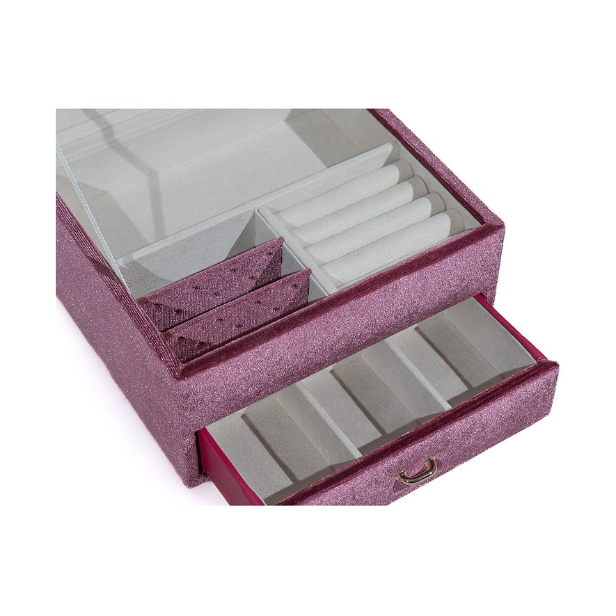 Friedrich23 Schmuckkästchen aus rosafarbenem Samt mit mehreren Fächern.