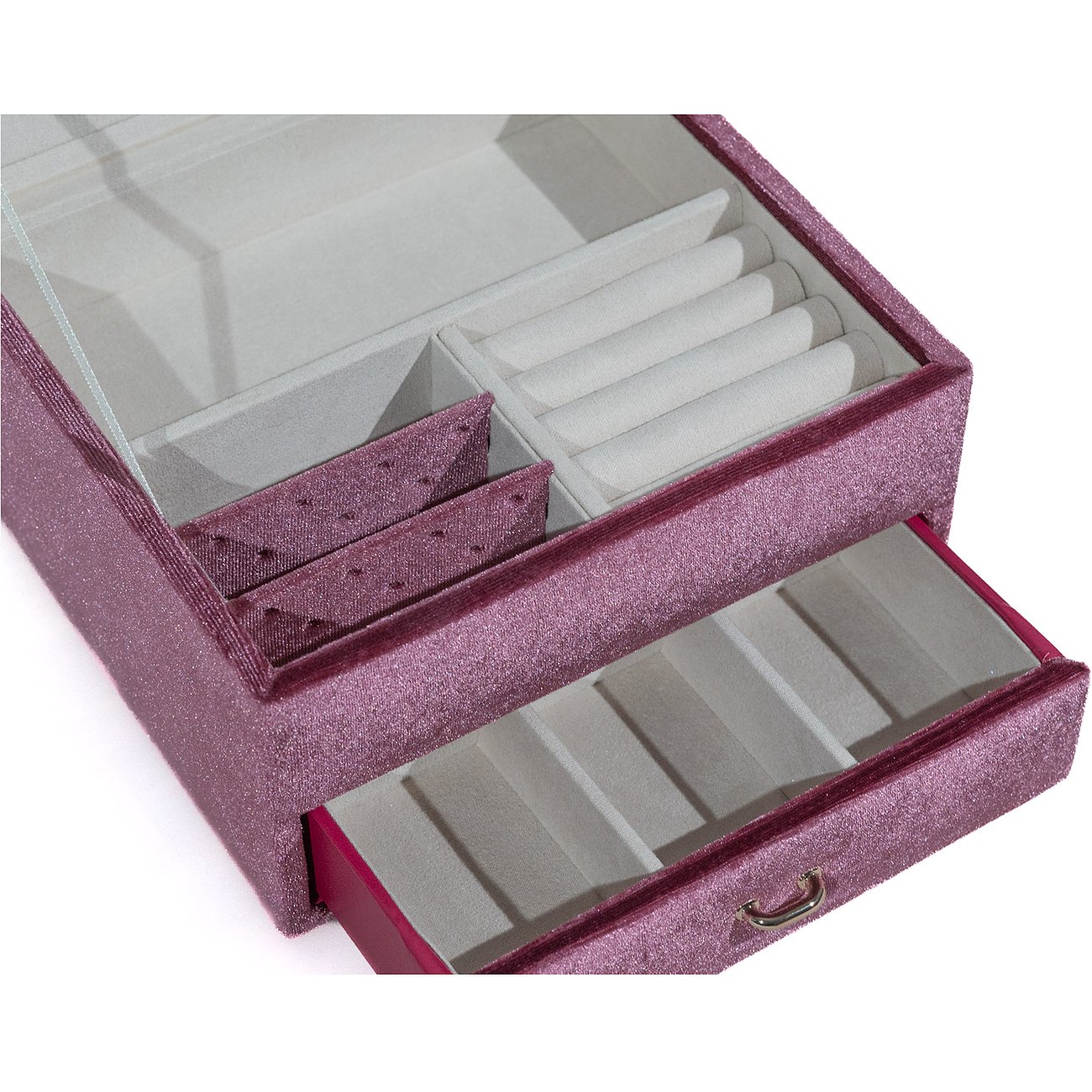 Friedrich23 Schmuckkästchen aus rosafarbenem Samt mit mehreren Fächern.