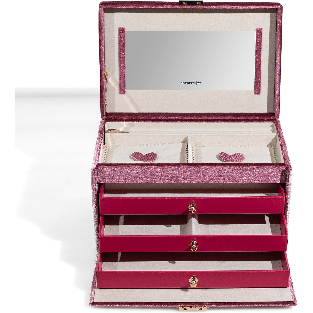 Friedrich23 Schmuckkasten aus Samt, pink, mit Spiegel und Schubladen.