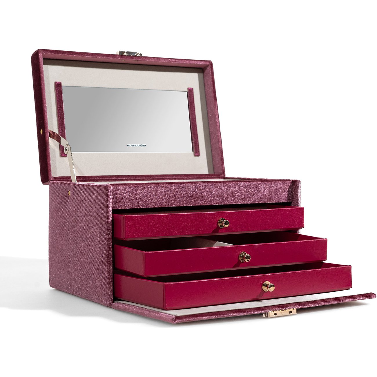 Friedrich23 Schmuckkästchen aus Samt, mit Spiegel und drei Schubladen.