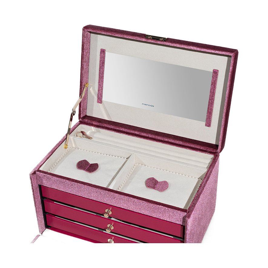 Friedrich23 Schmuckkästchen aus Samt, pink, mit Spiegel und Herzapplikationen.