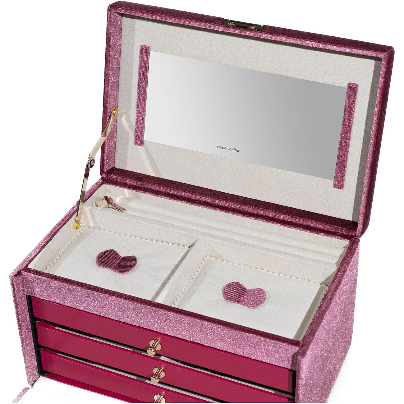 Friedrich23 Schmuckkästchen aus Samt, pink, mit Spiegel und Herzapplikationen.