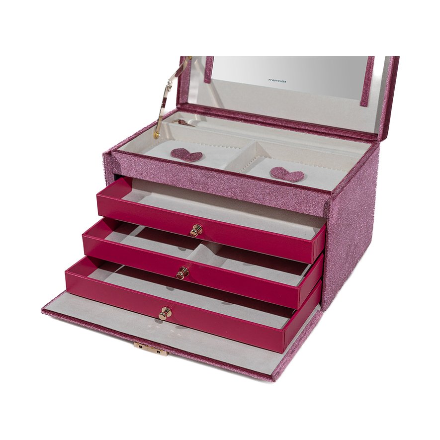 Friedrich23 Schmuckkasten aus Samt, pink, mit Herz-Applikationen und drei Schubladen.