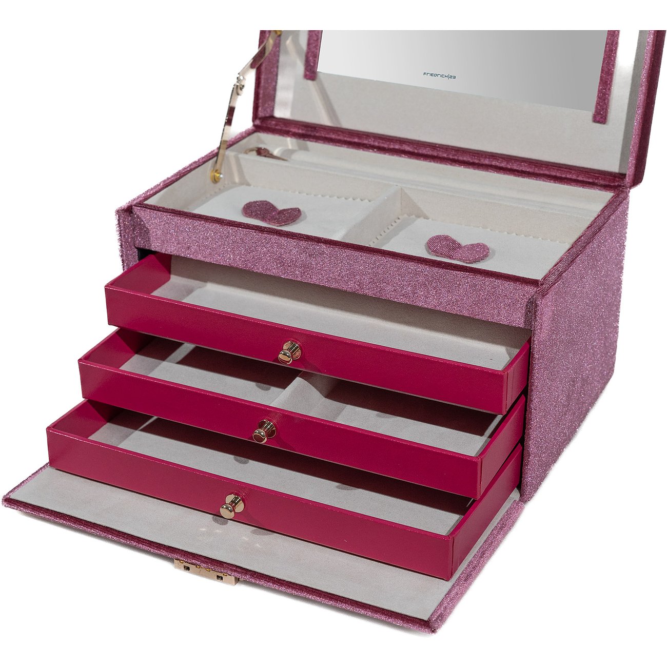 Friedrich23 Schmuckkasten aus Samt, pink, mit Herz-Applikationen und drei Schubladen.