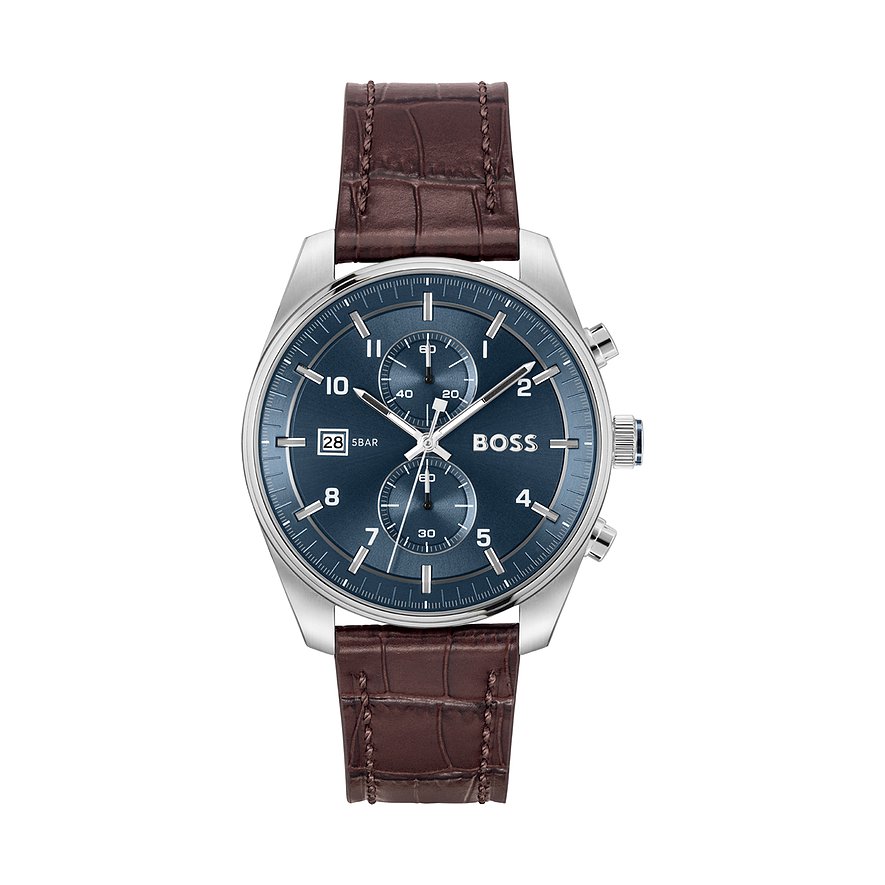 Boss Chronograph Skytraveller 1514194, Herren, Edelstahl, Armband: Leder, Quarz, analog