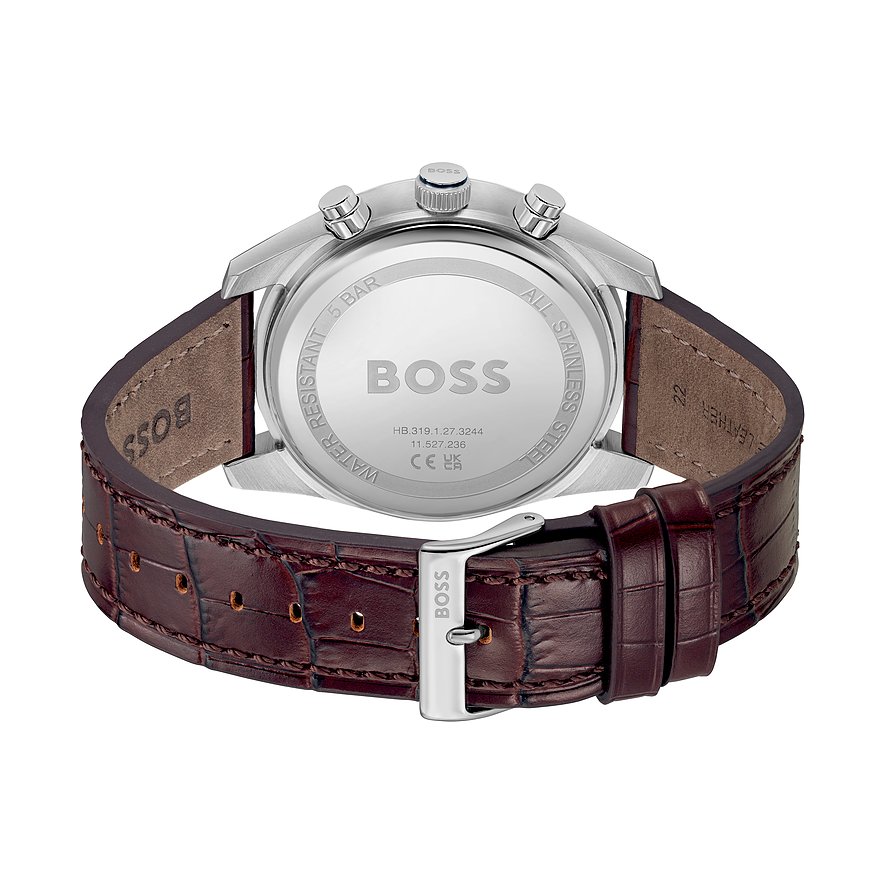 Boss Herrenuhr mit Edelstahlgehäuse und braunem Lederarmband.
