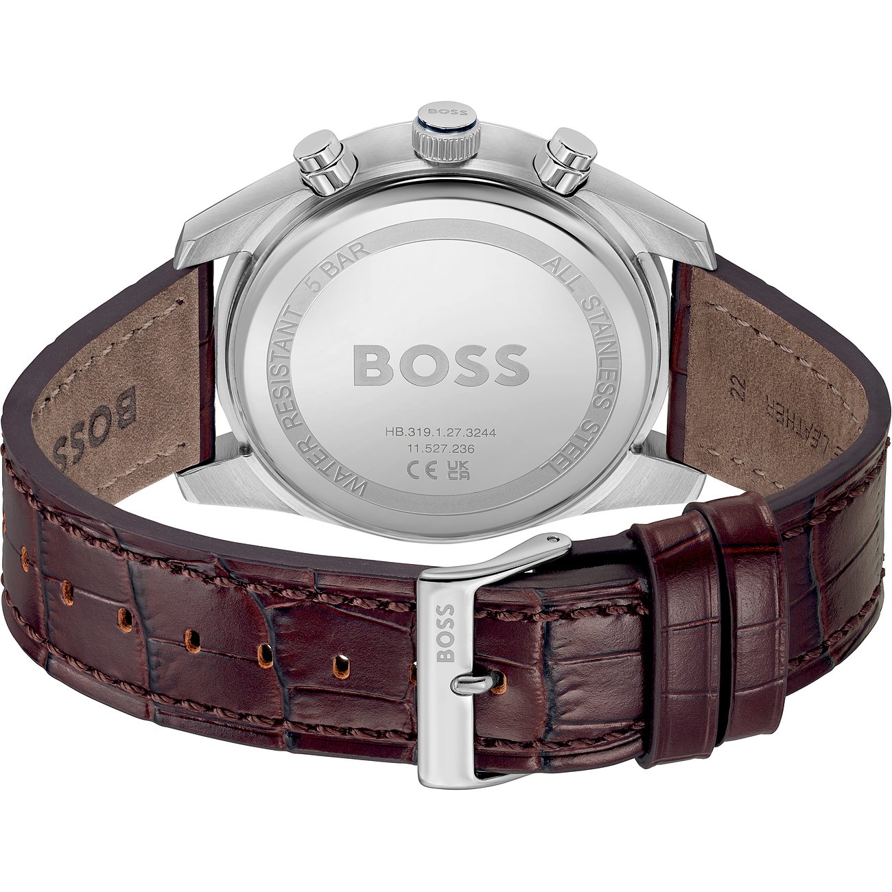 Boss Herrenuhr mit Edelstahlgehäuse und braunem Lederarmband.