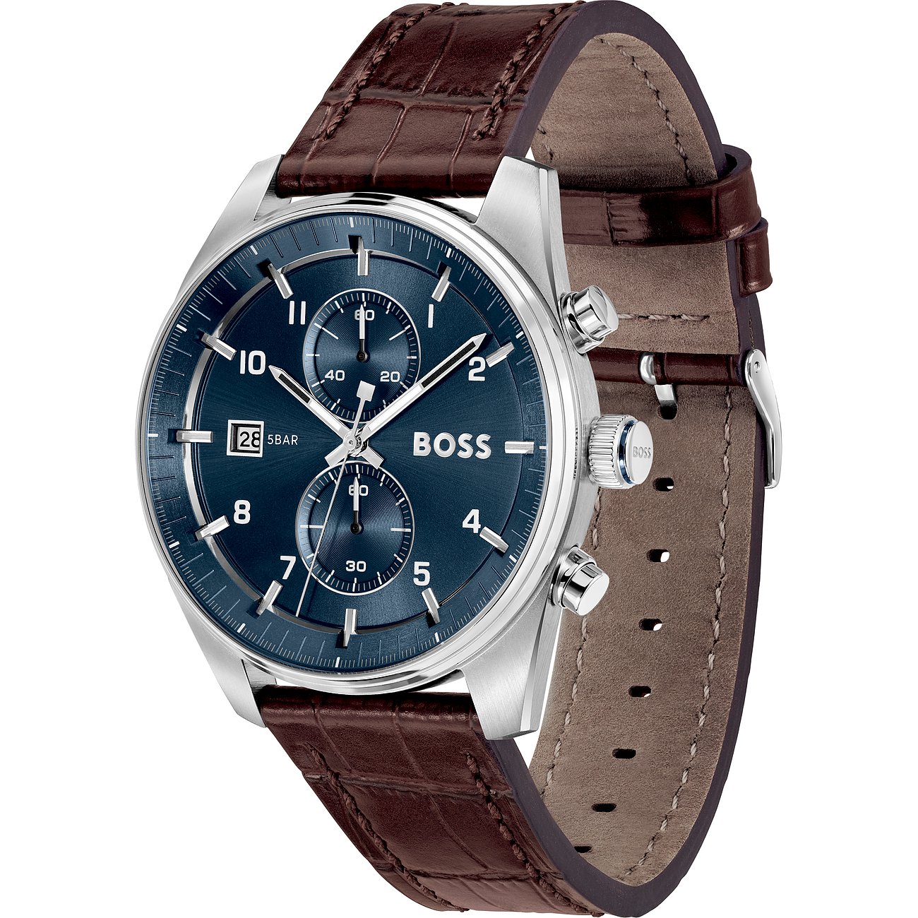 Boss Herrenuhr mit Edelstahlgehäuse, blauem Zifferblatt und braunem Lederarmband.
