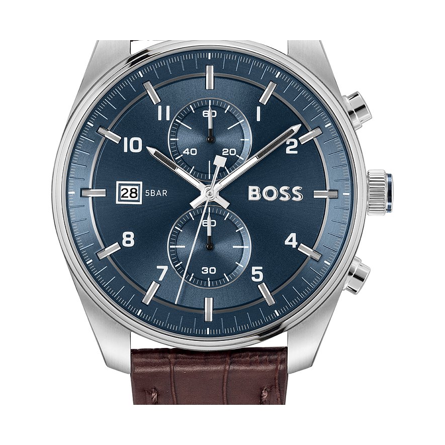 Boss Herrenuhr mit Edelstahlgehäuse, blauem Zifferblatt und Chronographenanzeige.