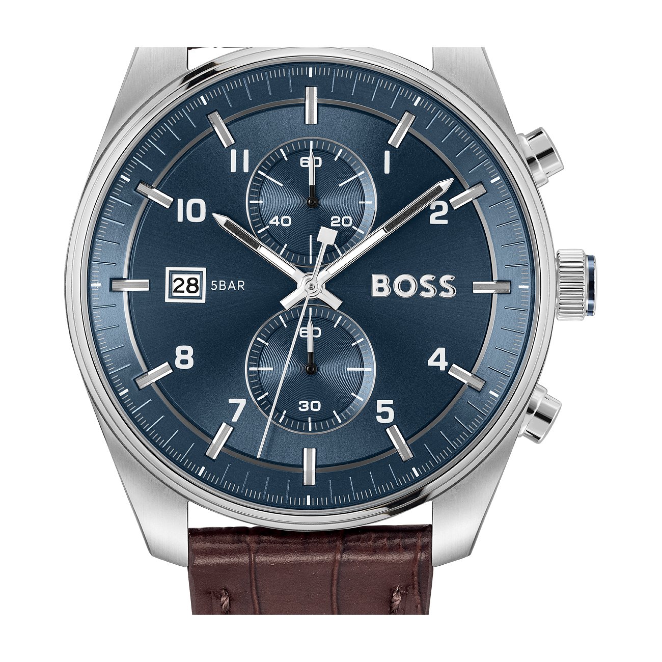 Boss Herrenuhr mit Edelstahlgehäuse, blauem Zifferblatt und Chronographenanzeige.