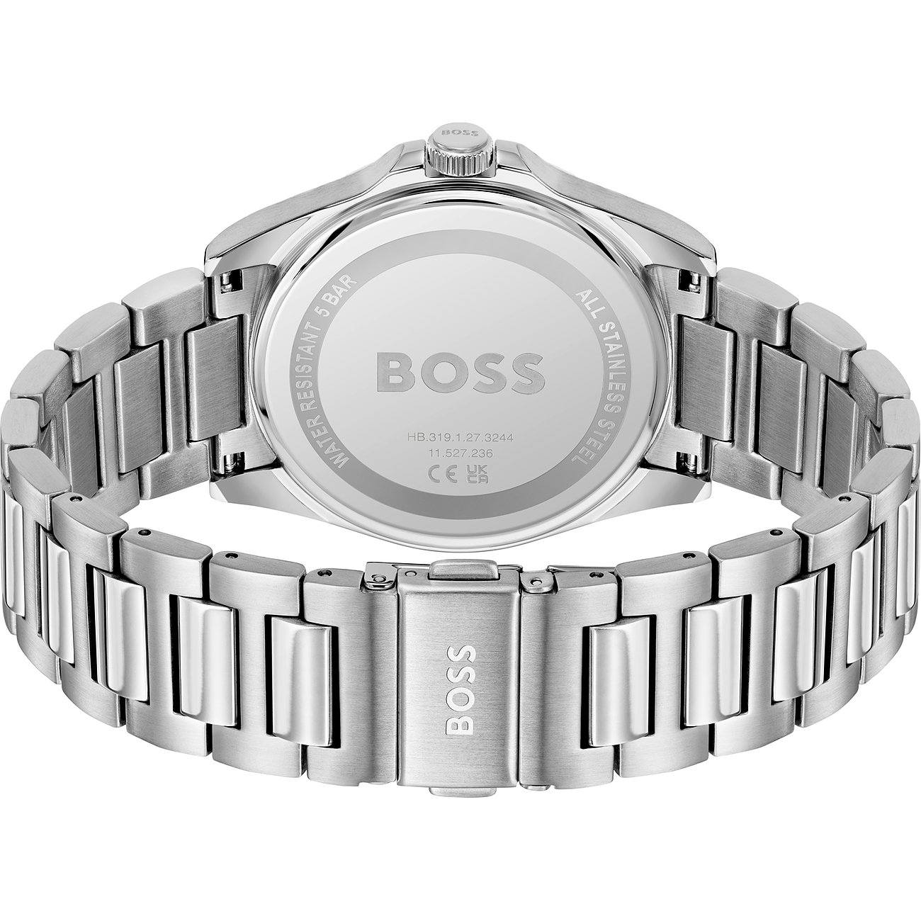 Boss Herrenuhr aus Edelstahl mit silberfarbenem Gehäuse und Armband.