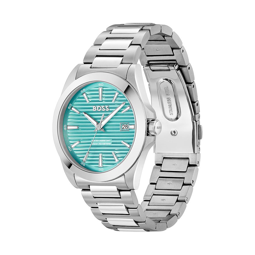 Boss Herrenuhr mit Edelstahlgehäuse und blau gestreiftem Zifferblatt.