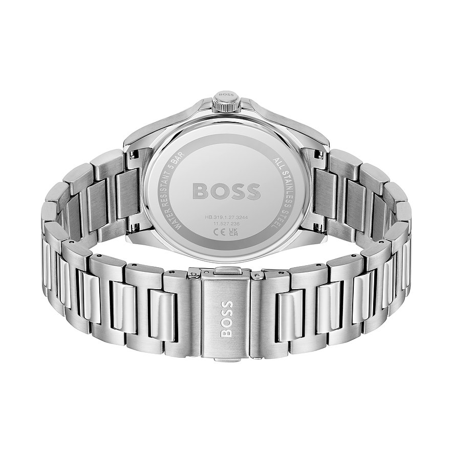 Boss Herrenuhr aus Edelstahl mit silberfarbenem Gehäuse und Armband.