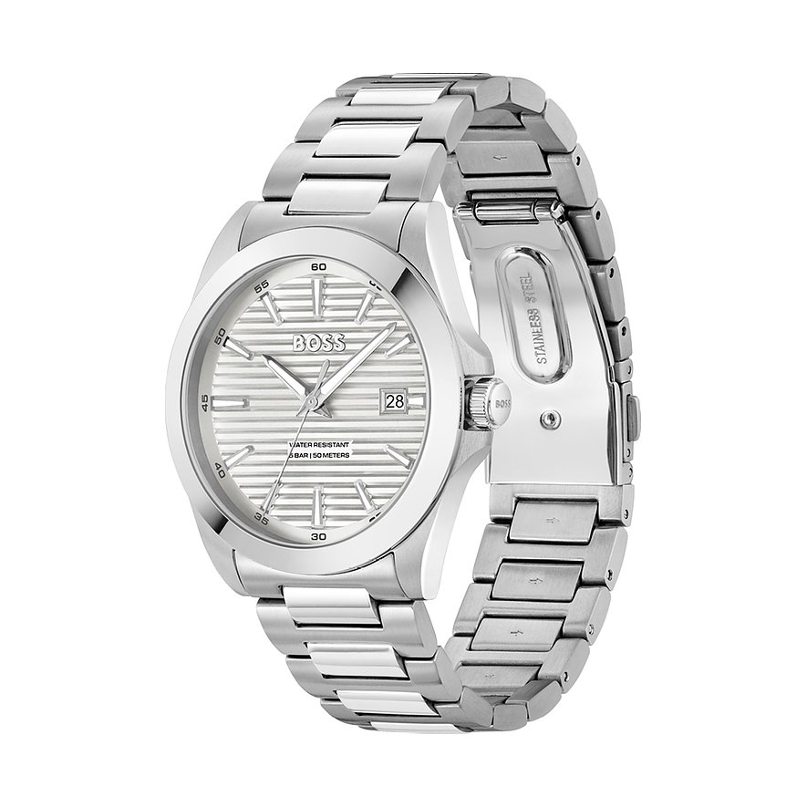 Boss Herrenuhr mit Edelstahlgehäuse und silberfarbenem Zifferblatt.