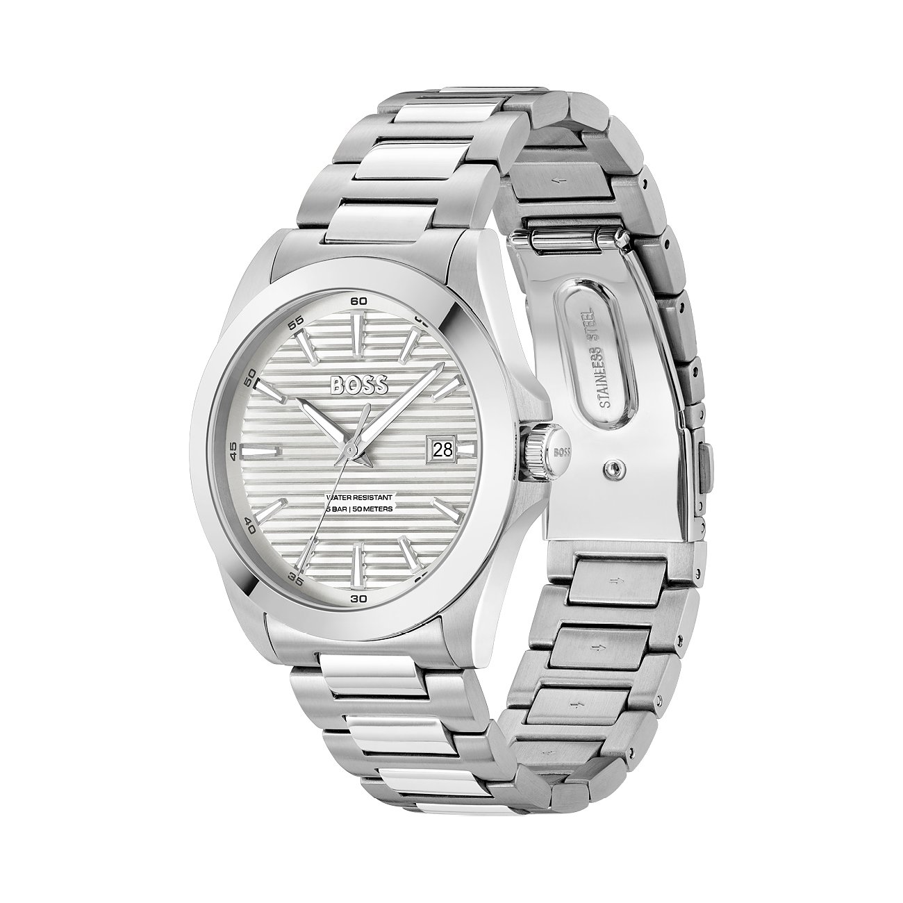 Boss Herrenuhr mit Edelstahlgehäuse und silberfarbenem Zifferblatt.