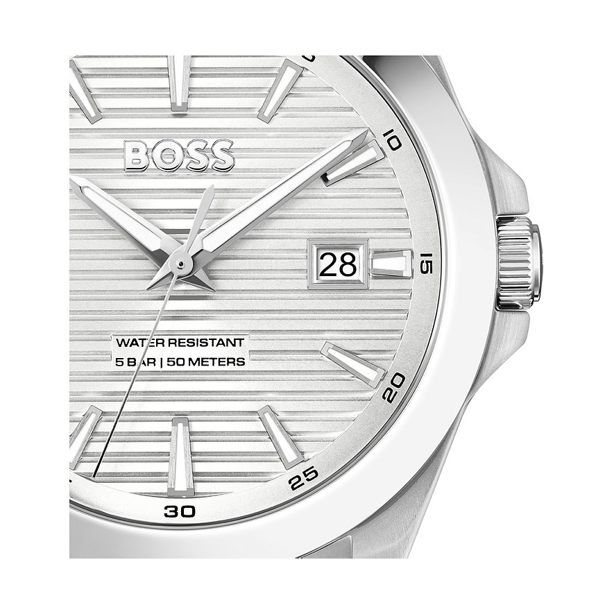 Boss Herrenuhr mit Edelstahlgehäuse, analog und mit Datumsanzeige.