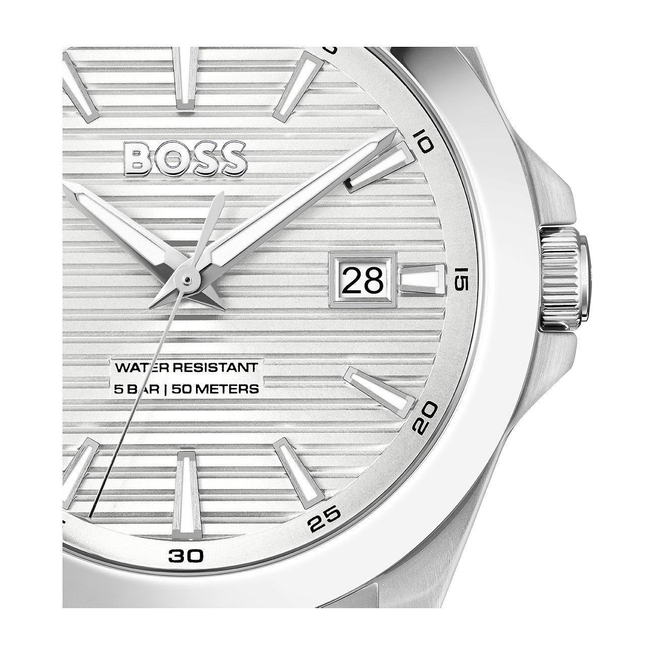 Boss Herrenuhr mit Edelstahlgehäuse, analog und mit Datumsanzeige.