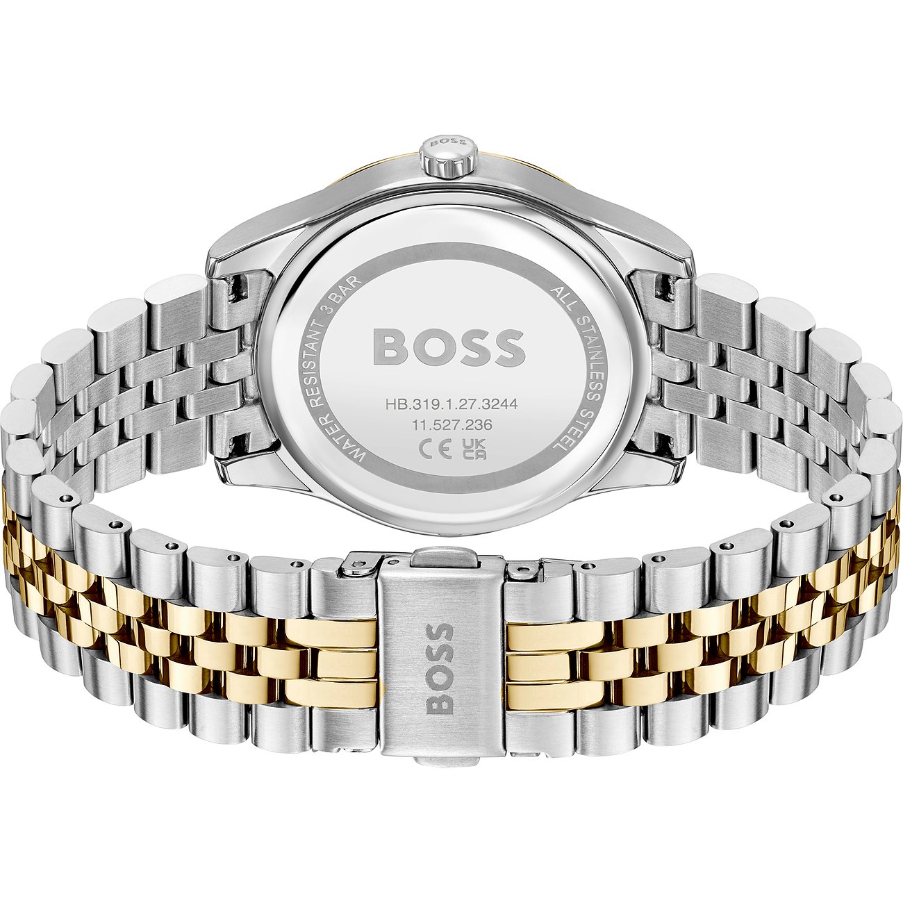Boss Damenuhr mit Edelstahlgehäuse, silber- und goldfarbenem Armband.