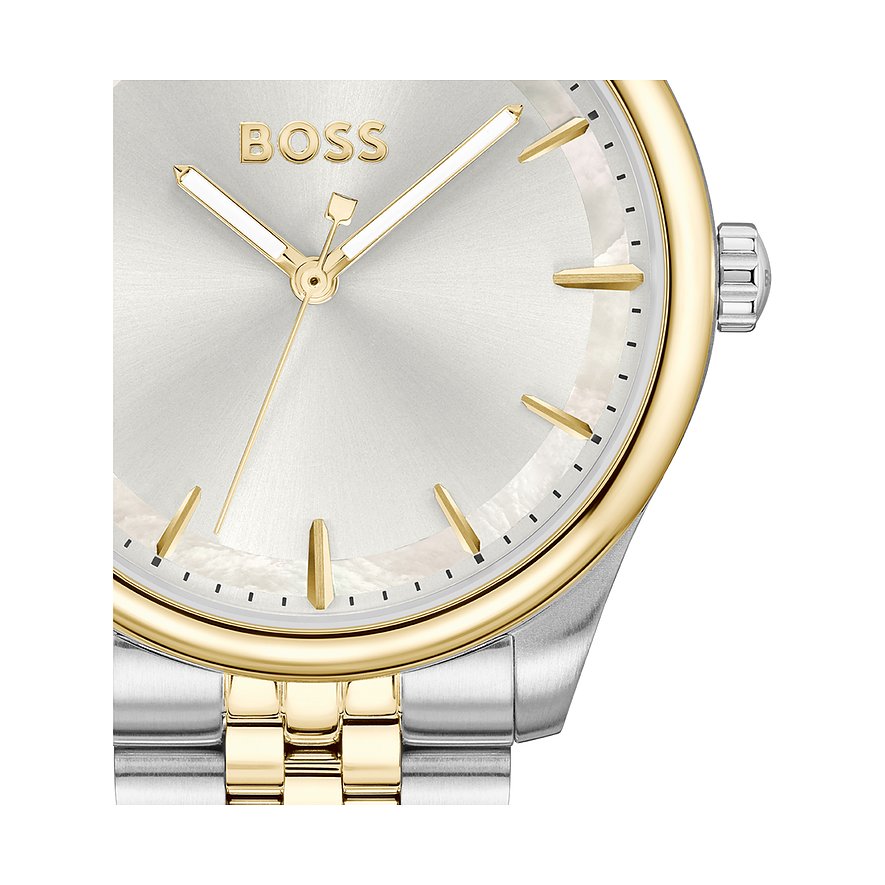 Boss Damenuhr mit Edelstahlgehäuse, goldfarbenes Gehäuse und silbernes Armband.