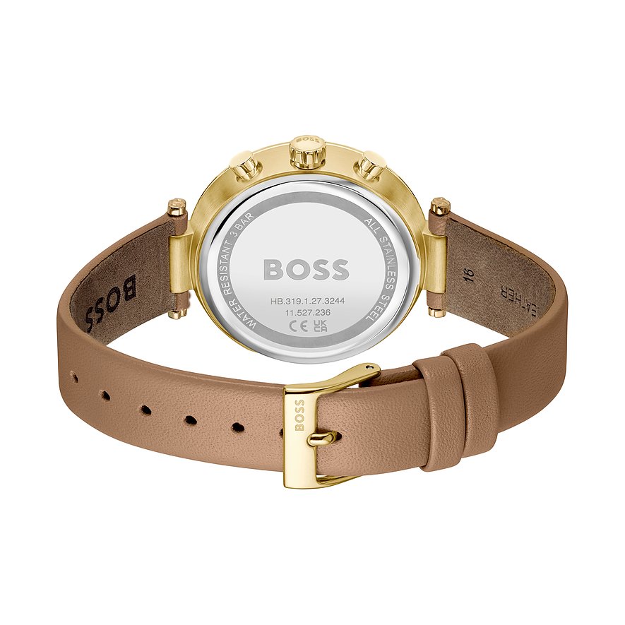 Rückansicht einer Boss Damenuhr aus goldfarbenem Edelstahl mit eingraviertem, beigem Lederarmband und goldener Schließe.