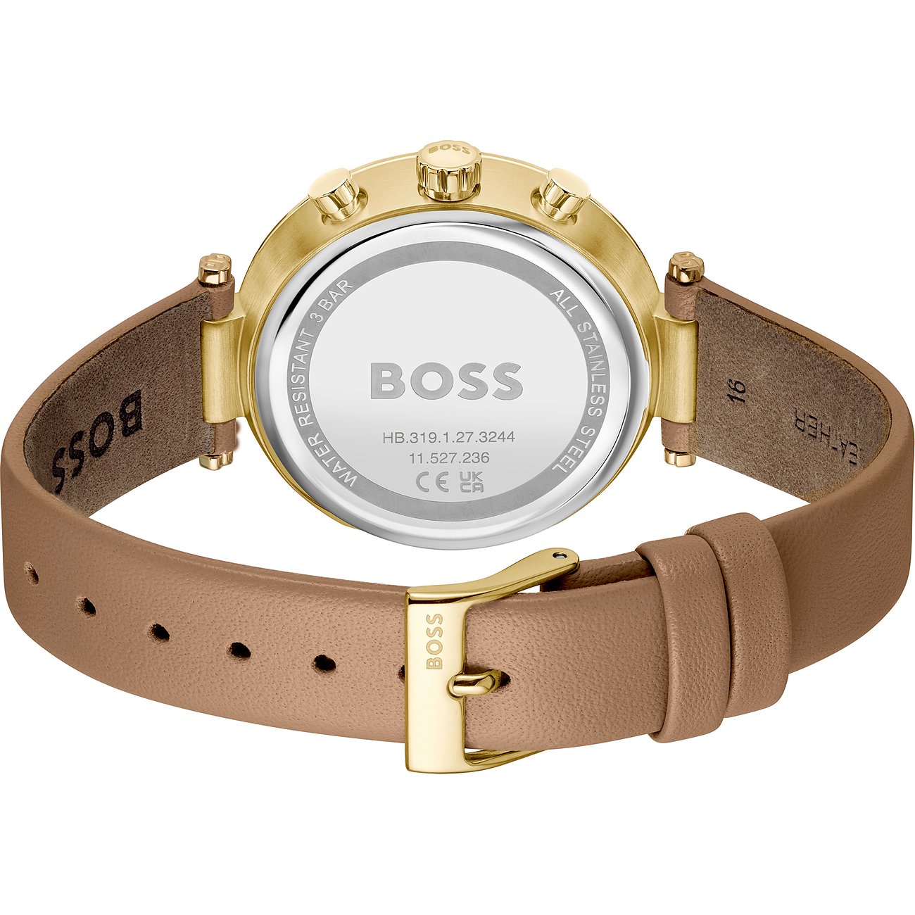 Rückansicht einer Boss Damenuhr aus goldfarbenem Edelstahl mit eingraviertem, beigem Lederarmband und goldener Schließe.