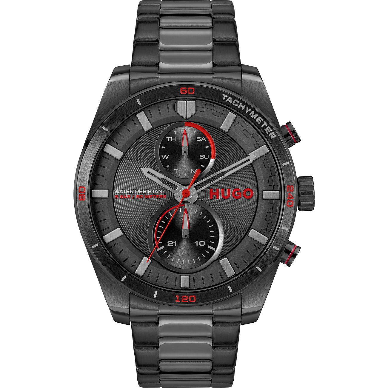 Hugo herenhorloge met roestvrijstalen kast, analoog, chronograaf, zwarte wijzerplaat.