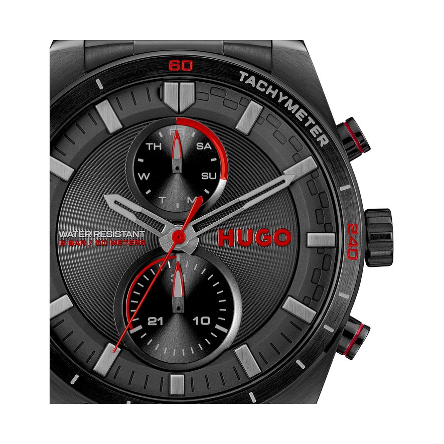 Hugo herenhorloge met roestvrijstalen kast, zwarte wijzerplaat, analoge weergave.