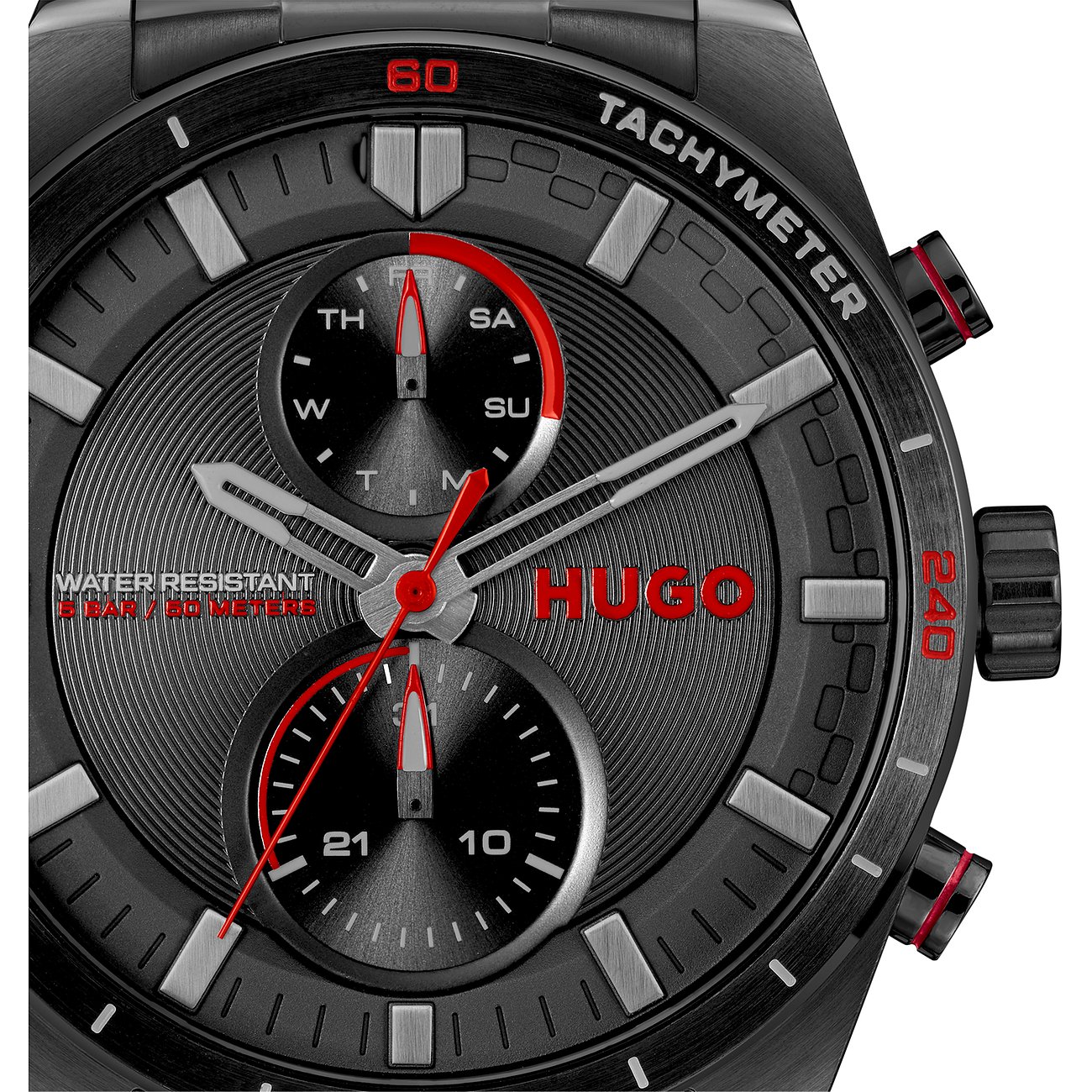 Hugo herenhorloge met roestvrijstalen kast, zwarte wijzerplaat, analoge weergave.