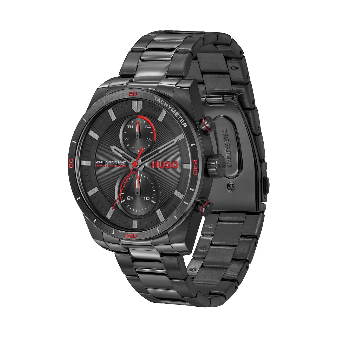 Hugo herenhorloge met roestvrijstalen kast, zwarte wijzerplaat, analoog, chronograaf.