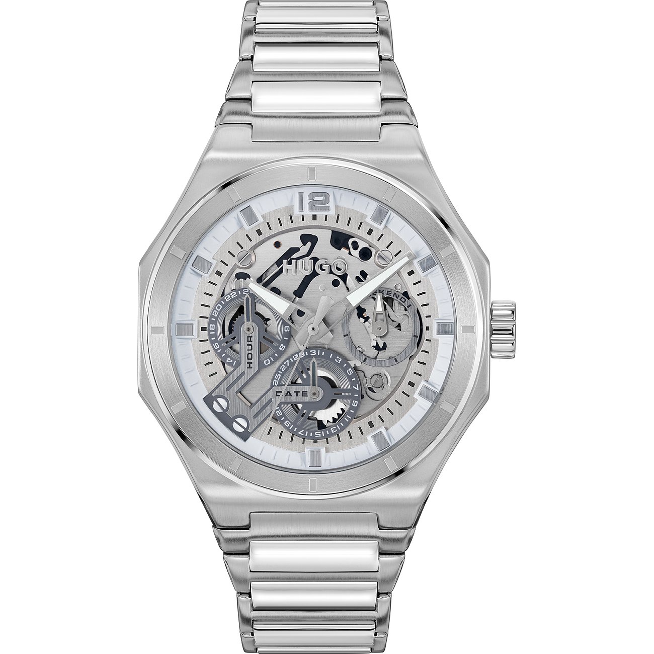 Hugo Herrenuhr mit Edelstahlgehäuse, skelettiertes Zifferblatt, analog.