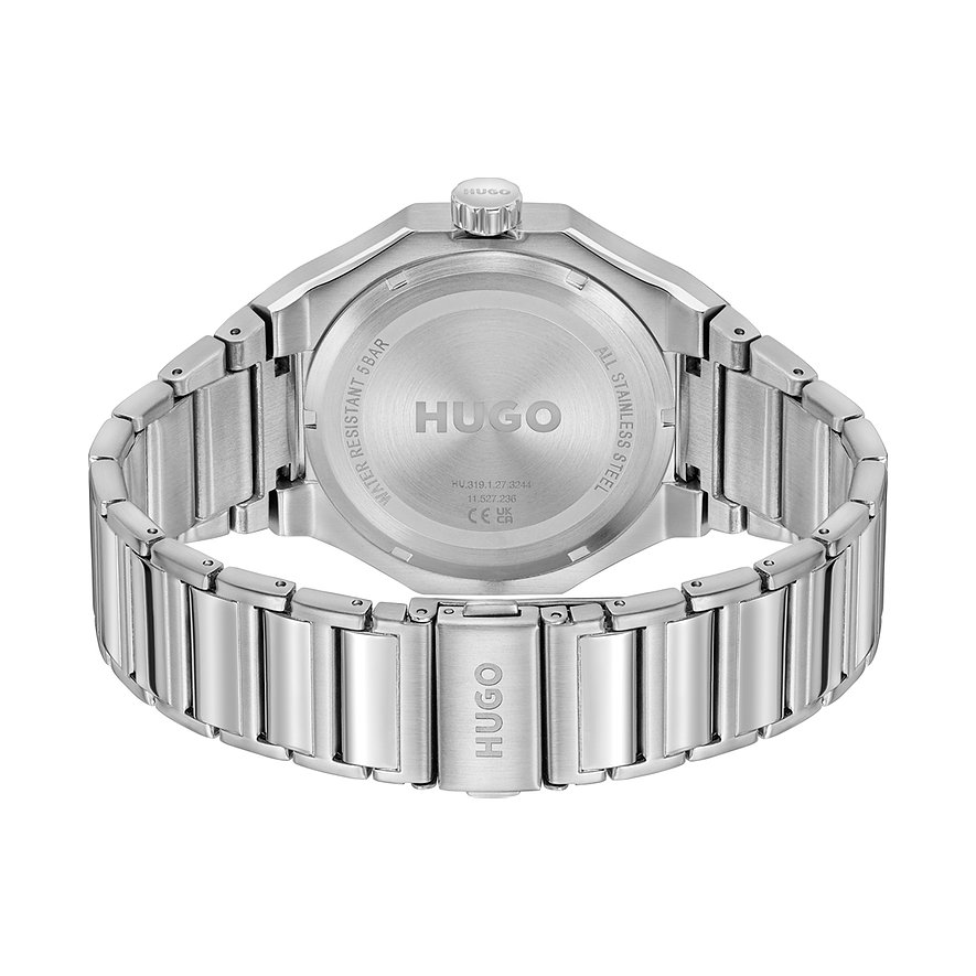 Hugo Herrenuhr aus Edelstahl mit silberfarbenem Gehäuse und Armband.