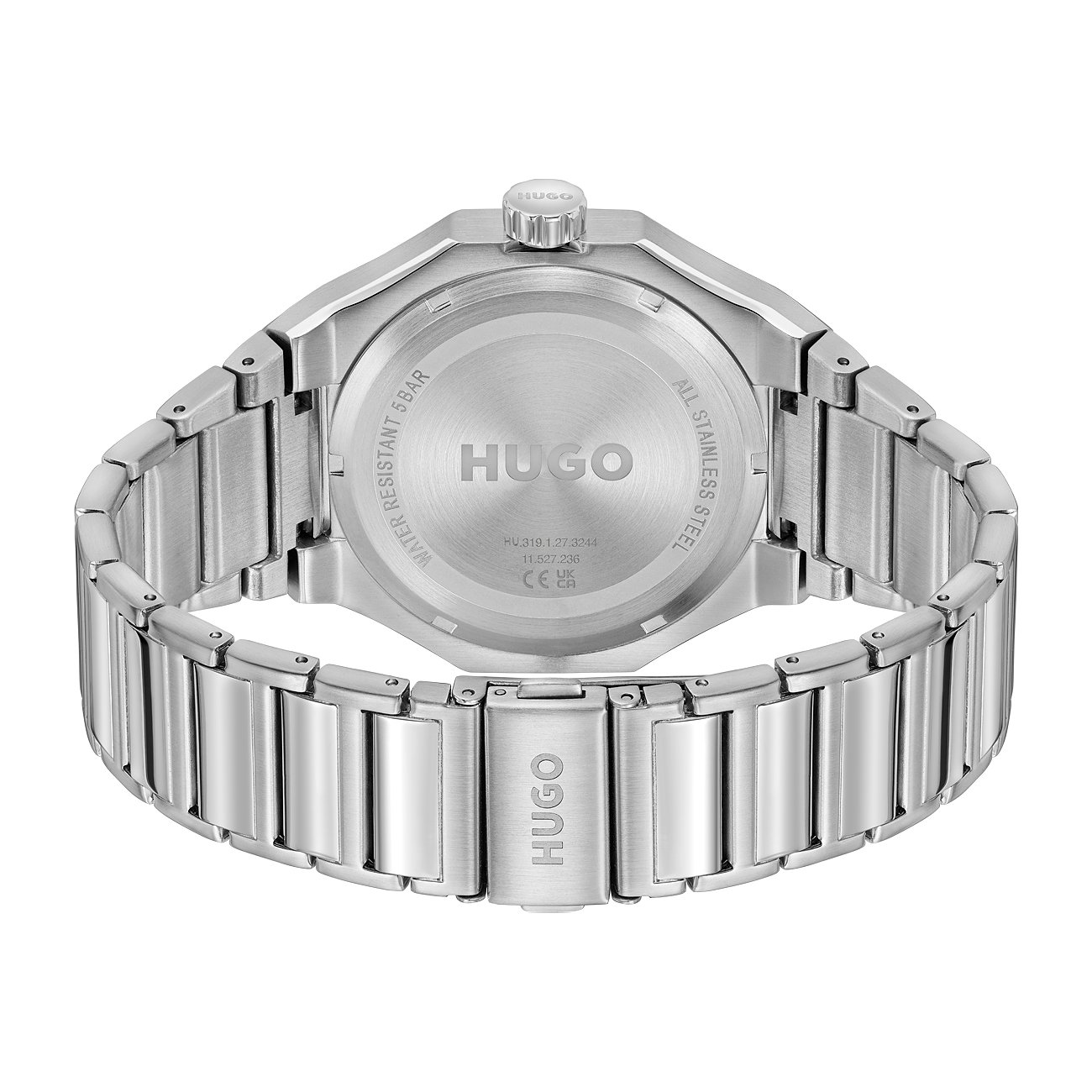 Hugo Herrenuhr aus Edelstahl mit silberfarbenem Gehäuse und Armband.