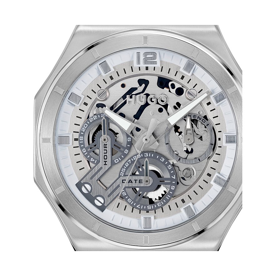 Hugo Herrenuhr mit Edelstahlgehäuse und skelettiertem Zifferblatt.