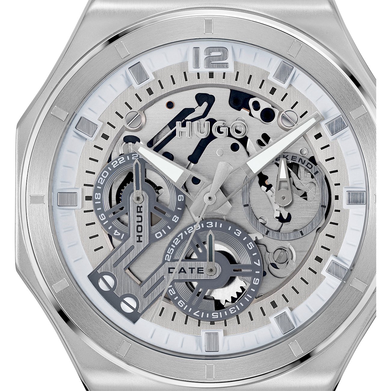 Hugo Herrenuhr mit Edelstahlgehäuse und skelettiertem Zifferblatt.