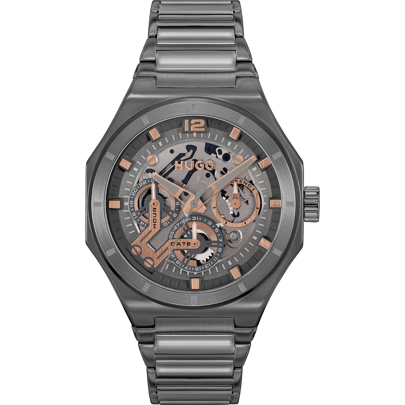 Hugo Herrenuhr mit Edelstahlgehäuse, analog, mit Chronographenanzeige.