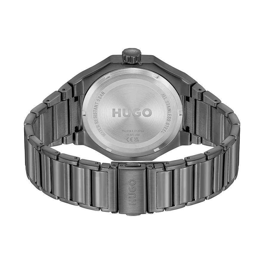 Hugo Herrenuhr aus Edelstahl, dunkelgraues Gehäuse mit Metallarmband.
