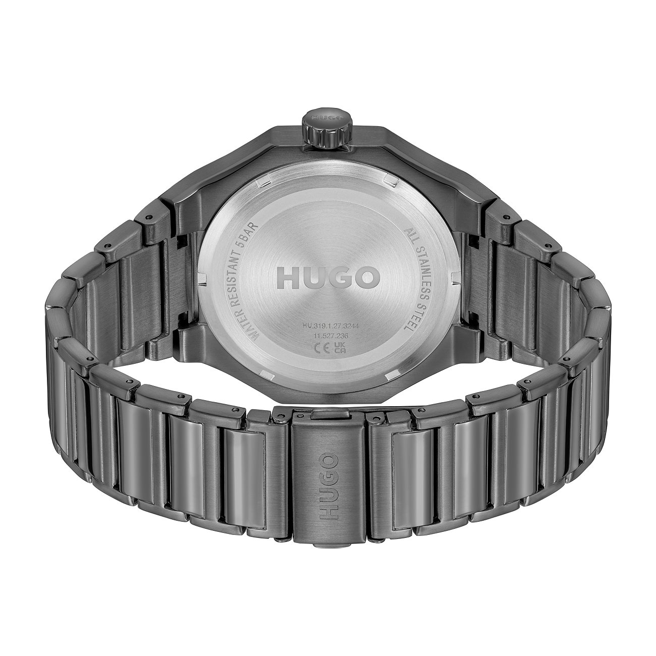 Hugo Herrenuhr aus Edelstahl, dunkelgraues Gehäuse mit Metallarmband.